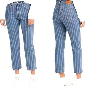 Levi's 501 Womens Jeans Cropped Straight Leg Blue Striped Button Fly